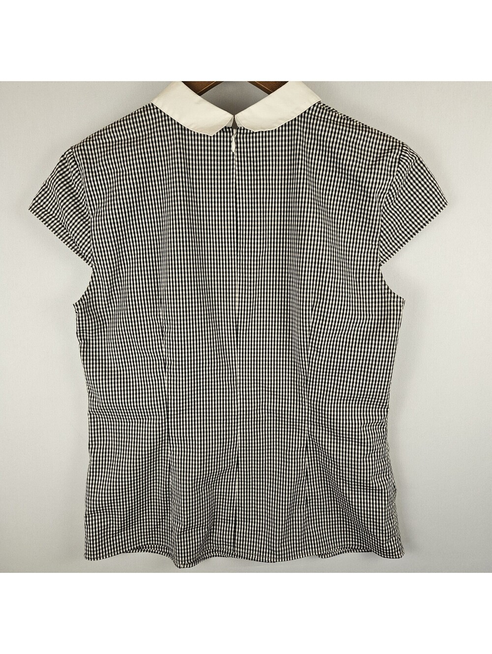 Brooks Brothers Petite 8P Gingham Blouse Black White Peter Pan Collar Stretch - Picture 2 of 9